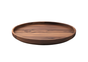 Round wooden tray with a natural wood grain finish. Isolated on transparent background png