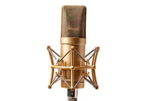 Close-up of a Gold Microphone with a Shock Mount. Isolated on transparent background png