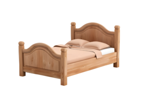 Wooden bed frame with headboard and pillows. Isolated on transparent background png