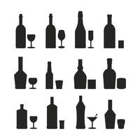 Alcoholic drinks set silhouette monochrome with assortment of bottles and glasses for serving alcohol-containing beverage in bar illustration vector