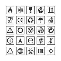 Fragile package icons set, handle with care logistics and delivery shipping labels, fragile box, cargo warning vector