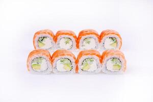 Sushi Roll Philadelphia with Salmon, Cucumber and Avocado on White Background Isolate, for Food Delivery Website photo