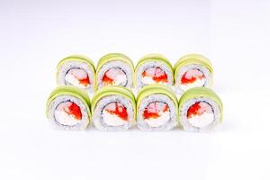 Sushi roll with avocado and surimi on a white background, for the restaurant's website photo