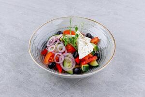 Best Salad with Vegetables and Feta Cheese in Beautiful Dishes on Gray Background, Fitness Salad, Photo for Menu