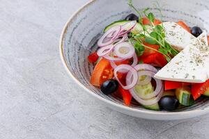 Best Salad with Vegetables and Feta Cheese in Beautiful Dishes on Gray Background, Fitness Salad, Photo for Menu