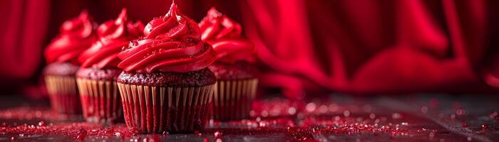 Dracula s Bite Red Velvet Cupcakes on Gothic Vampire Lounge Backdrop with Red Velvet Drapes photo