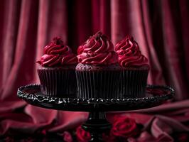 Decadent Dracula s Bite Red Velvet Cupcakes on Moody Gothic Backdrop with Lush Velvet Drapes photo