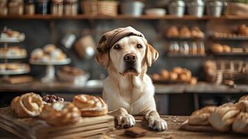 Labrador Retriever Baker in Cozy Bakery Setting with Fresh Pastries photo