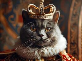Regal Scottish Fold Cat Adorned in a Crown in a Throne Room with Luxurious Tapestries photo