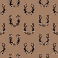 Seamless pattern with horseshoe on brown background. Hand drawn illustration. vector