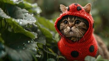 Exotic Shorthair Cat Dressed as Ladybug in Lush Dewy Garden Backdrop photo