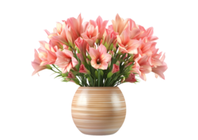 Pink lilies in a striped vase. Isolated on transparent background png