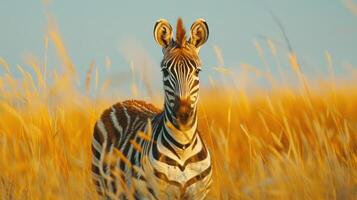 zebra standing in tall grass with blue sky in background photo