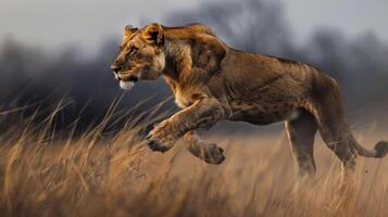 araffe running through a field of tall grass in the sun photo