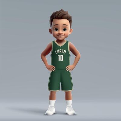 3d cartoon young basketball player in team kit.