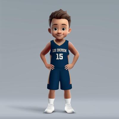 3d cartoon young basketball player in team kit.