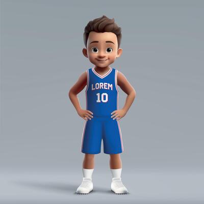 3d cartoon young basketball player in team kit.
