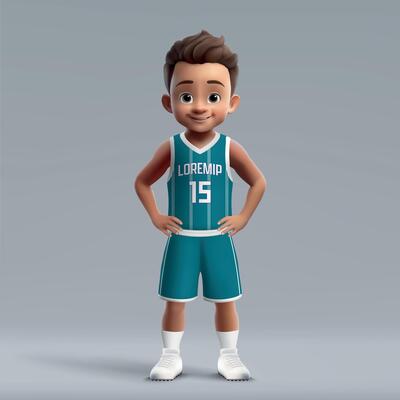 3d cartoon young basketball player in team kit.