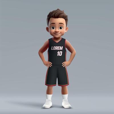 3d cartoon young basketball player in team kit.