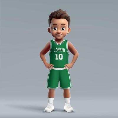 3d cartoon young basketball player in team kit.