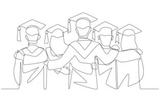 Continuous one line drawing of graduates standing with arms around each other from rear view, graduation ceremony concept, single line art. vector