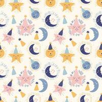 Seamless pattern with cute hand drawn moon, stars, clouds, party hats. vector