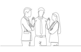 Continuous one line drawing of businessman trying to stop argument between colleagues, office controversy concept, single line art. vector