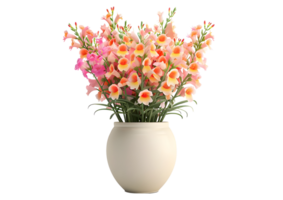 Bouquet of Pink and Yellow Flowers in a White Vase. Isolated on transparent background png