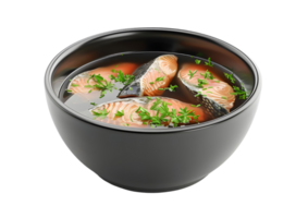 Lentil soup garnished with fresh herbs in a black bowl. Isolated on a transparent background. png