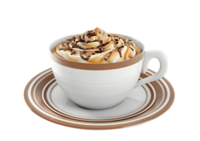 A cup of coffee with whipped cream and chocolate sauce. Isolated on transparent background png
