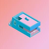 Isometric blue house with pink background features stairs, window, lounge chair, and table. Perfect for real estate, interior design, and architecture concepts. vector