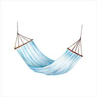 Striped hanging hammock. Watercolor lazy summer hand drawn blue illustration isolated on background. For vector