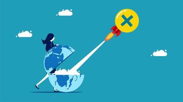 a woman is holding a rocket with a globe on it vector