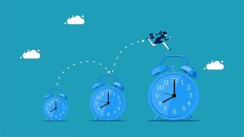 businesswoman running to the clock to get the time vector