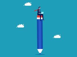 businessman sitting on top of a pencil, with clouds in the background vector