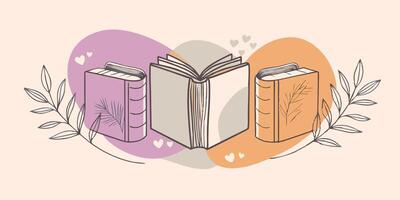 A row of books with decorative elements on a pink backdrop vector