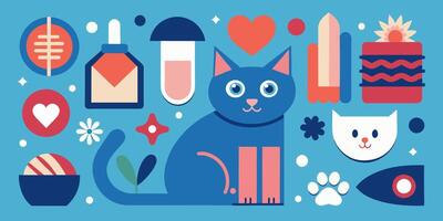 A blue cat is surrounded by objects on a blue background vector