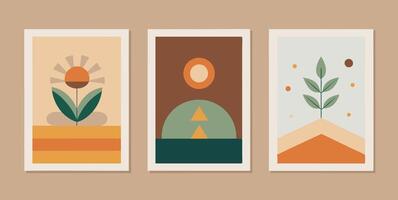 Three brown posters with floral and leaf patterns vector