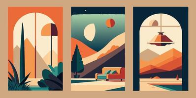 There are three posters featuring mountains, trees, a couch, and a window vector