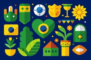 A collection of green and yellow icons displayed against a blue backdrop vector