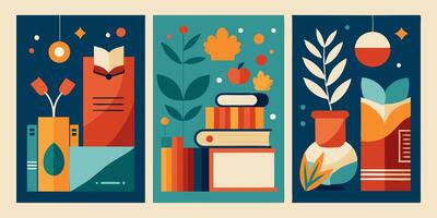A set of three colorful posters featuring books, flowers, and vases vector