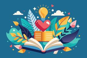 Open book with heart, light bulb, surrounded by leaves vector