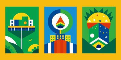 A set of three colorful posters with a vibrant yellow background vector