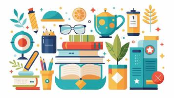 A stack of books surrounded by different school supplies vector