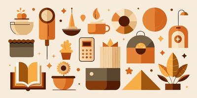 A collection of items depicted in a simplistic design against a beige backdrop vector