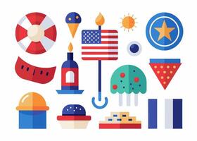 A collection of Fourth of July icons designed in a flat style vector