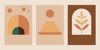 Three posters with shapes and leaves create a harmonious composition vector