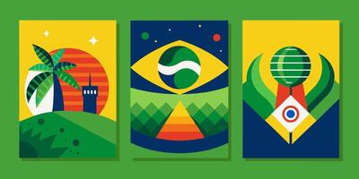 Set of three posters Brazilian flag, palm tree, soccer ball vector