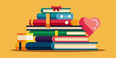 A pile of books topped with a heartshaped object vector