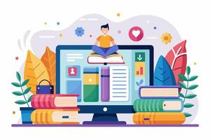 A man is sitting on a book on a screen surrounded by other books vector